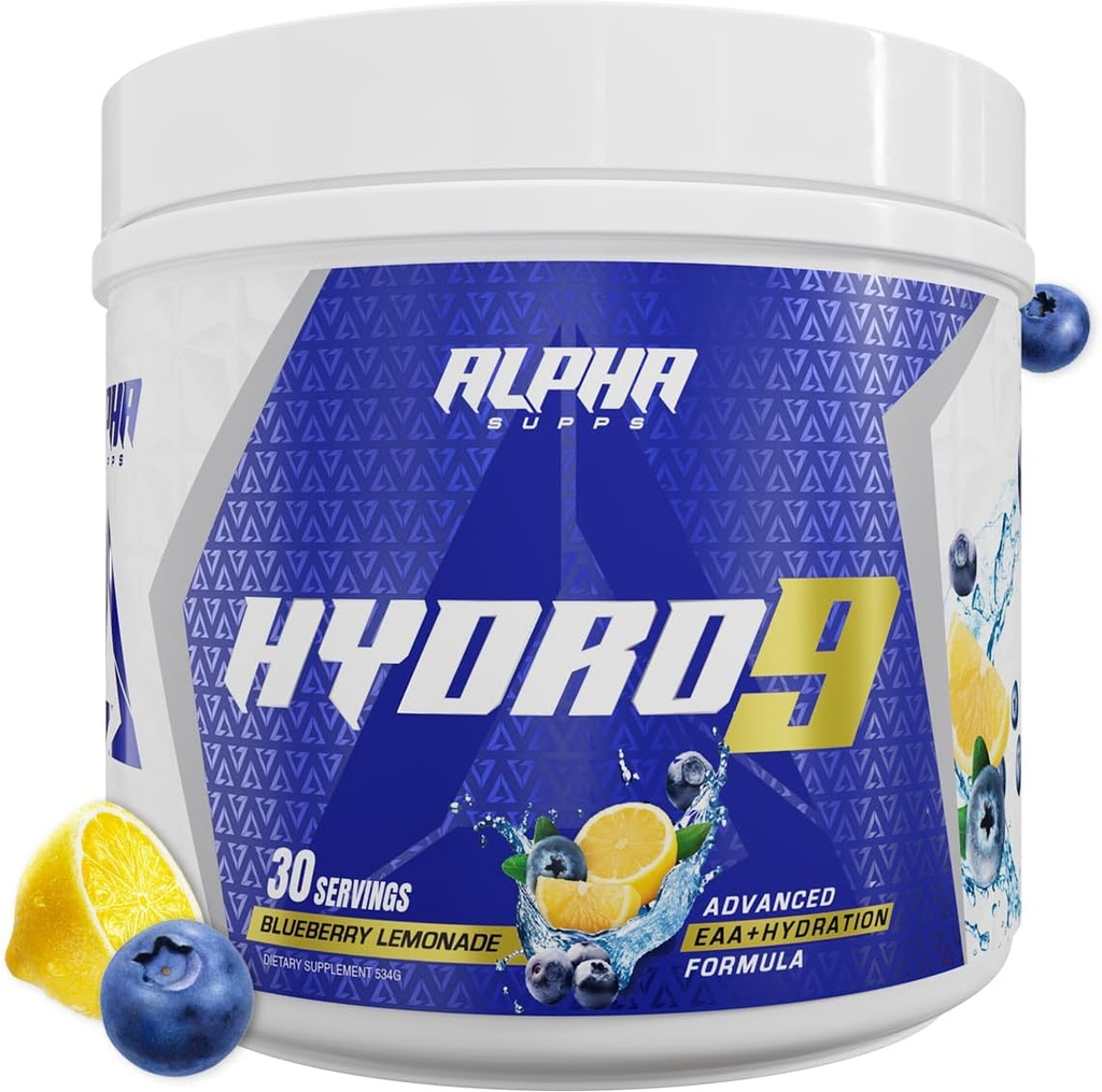 Alpha Supps Hydro 9 Aminos ANTE EAA + Hydration Fórmula  durable Aminoácidos esenciales EAAs Polvo con BCAAs &amp; Electrolitos 30 Servimientos - Blueberry Lemonade