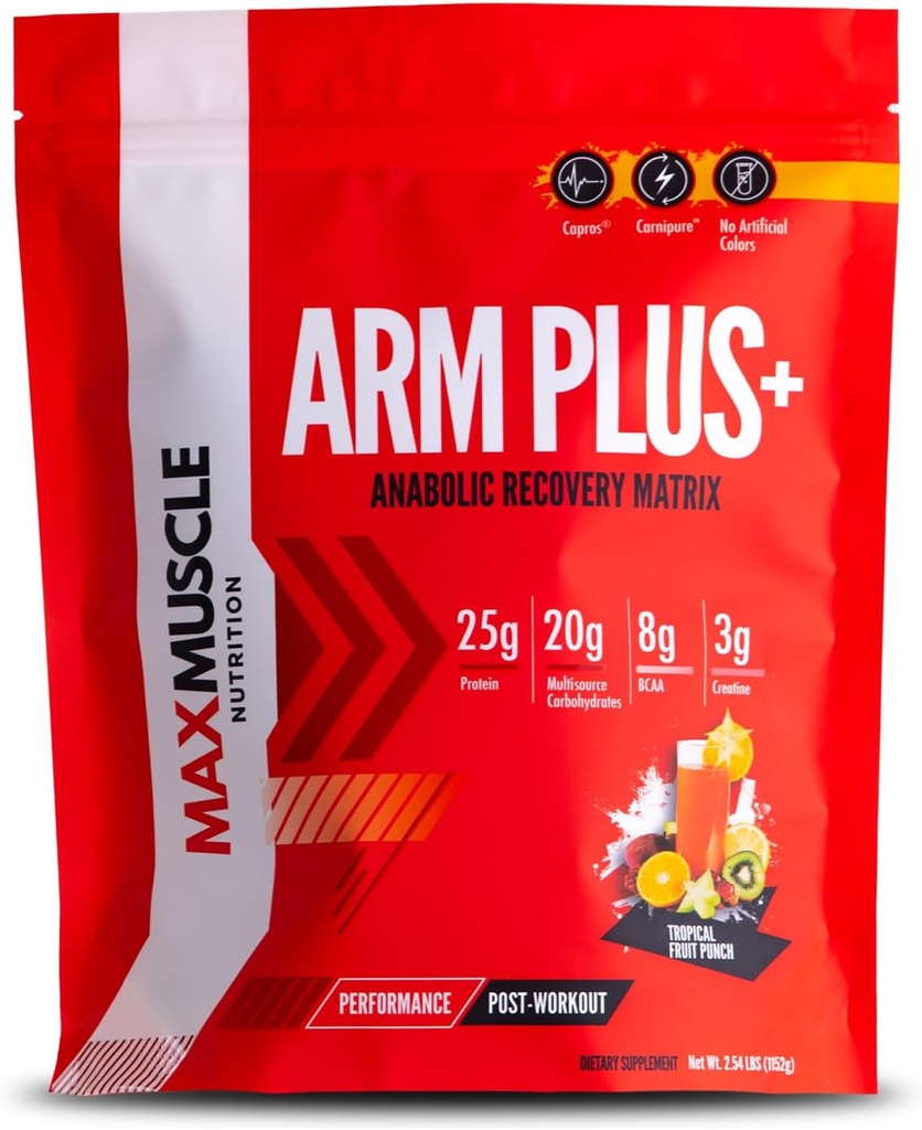 Max Muscle Arm Plus+ Matriz de recuperación anabólico tención 25g Proteína, 8g Bcaas, 3g Cretina Monohydrate ¦ Whey Protein, Amino Acids, Antioxidantes, Glutamina, Electrolitos (Pulso Trópico, 2,54 lb)