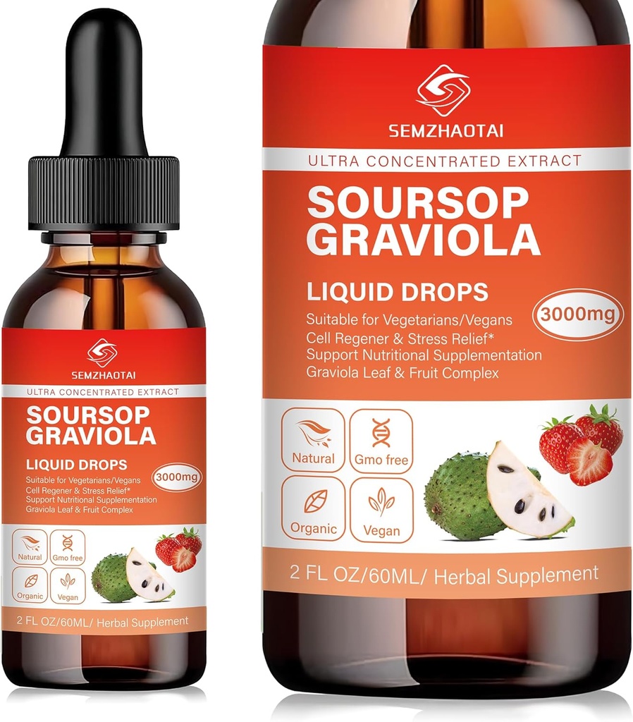 Soursop Graviola Leaf Extract " Sea Moss Liquid Drops - Cell Support, Immunity Boost, Liver Health, Sleep Aid " Antioxidants - Pure Soursop Bitters, 2 Month Supply, 2 Fl Oz (2oz, Strawberry)