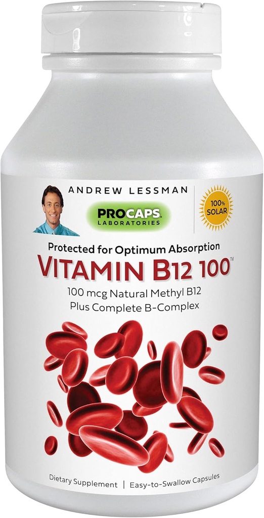 ANDREW LESSMAN Vitamin B12 100 360 Capsules - Absorption-Protected Methylcobalamin (Natural Coenzyme Vitamin B12), Essential for Energy and Stress Support, Plus B-Complex, Easy to Swallow Capsules