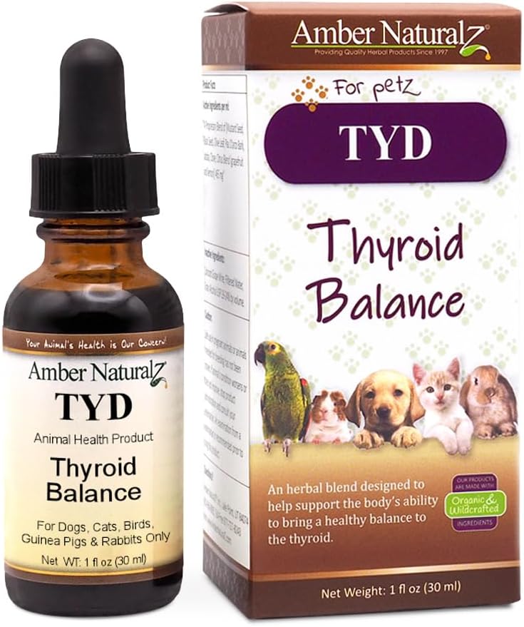 Amber NaturalZ TYD Thyroid Balance Herbal Suplemento para Perros, Gatos, Aves, Películas de Guinea y Conejos ← Herbal Pet Suplemento para la Salud de Tiroides TEN 1 Fluid Ounce Glass Bottle Ø Manufactured in The USA