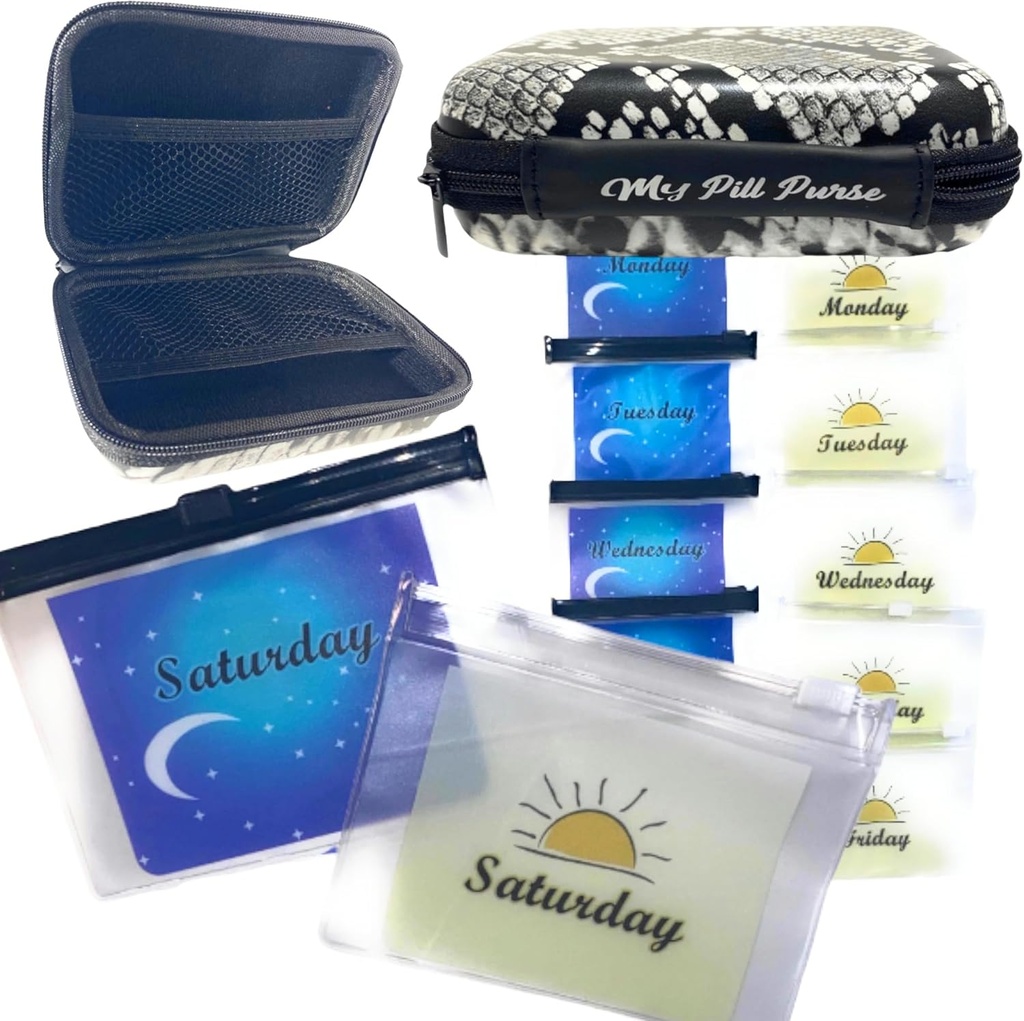 Am Pm Pill Organizer 7 Day Black/White Faux Snake Skin Medicine Storage Funda Tamaño 5,5 X 4 X 1.75 in. Med Wallet 14 Reutilizable Pequeña Pill Baggies 3x4 in. Pouches para la medicina, días de la semana