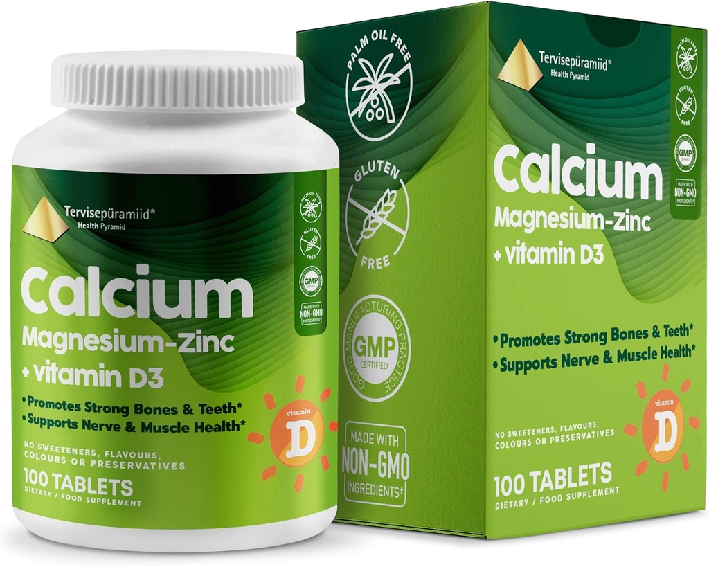 Pirámide de la salud Ciencio de calcio con vitamina D3 Suplemento de huesos fuertes y dientes Cal Mag Zinc apoya la salud del nervio y el músculo 100 tabletas vegas
