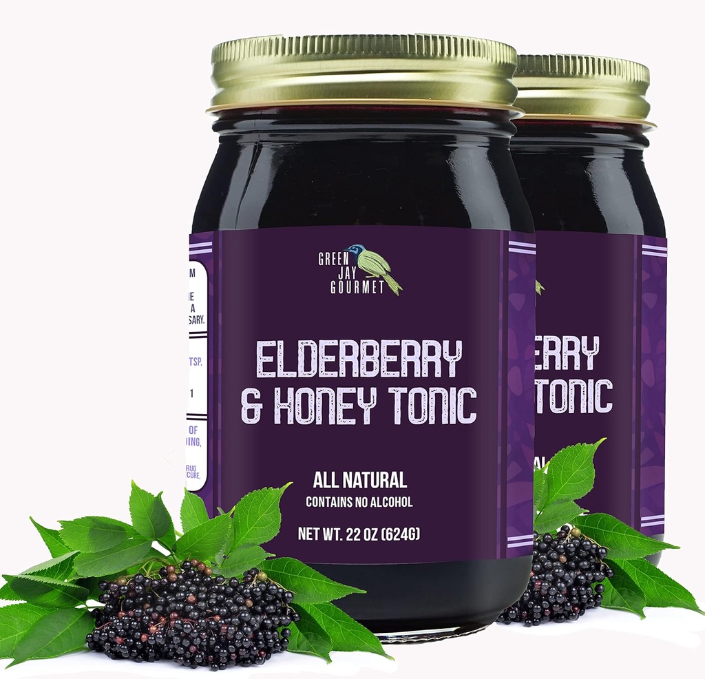 Green Jay Gourmet Elderberry Tonic – All Natural Elderberry Syrup – Elderberry Immune Support for Kids &amp; Adults – Powerful Elderberry & Honey Blend – Sambucus Elderberry Syrup – 2 x 22 Ounces