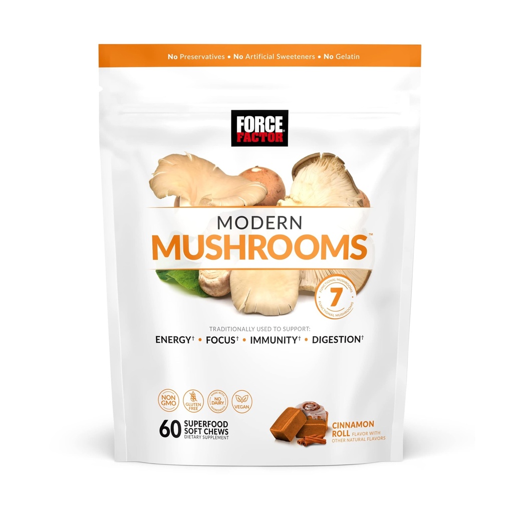 Factor de fuerza Mushrooms Soft Chews, Mushroom Suplemento con Lions Mane, Turquía Tail, &amp; Cordyceps para apoyar energía, foco, inmunidad, " Digestión, Cinnamon Roll, 60 Soft Chews