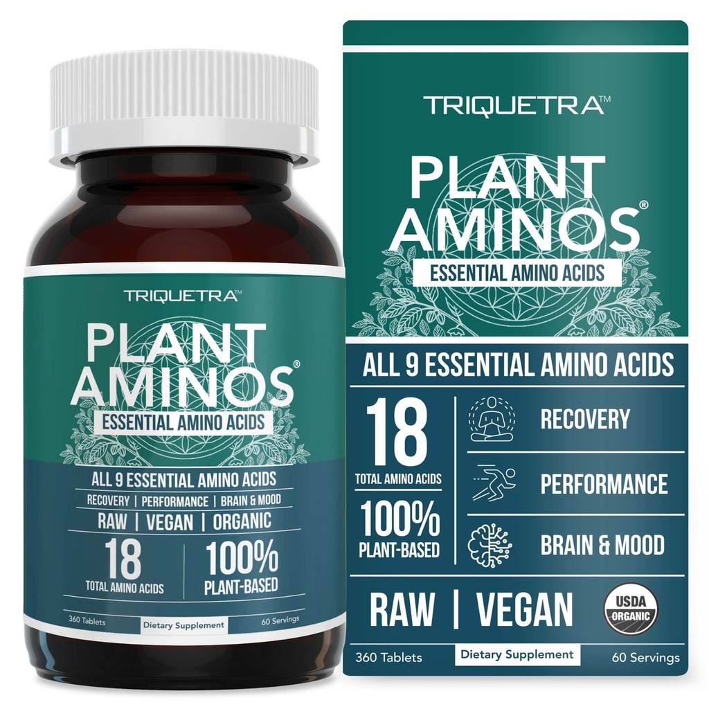 Aminos vegetales Aminoácidos Orgánicos Esenciales Suplementos Aminoácidos (EAAs) " BCAA - 100% Planta-Basado Raw, Vegan - Todos los 9 Aminoácidos Esenciales con 18 Aminoácidos Totales (360 Tabletas)