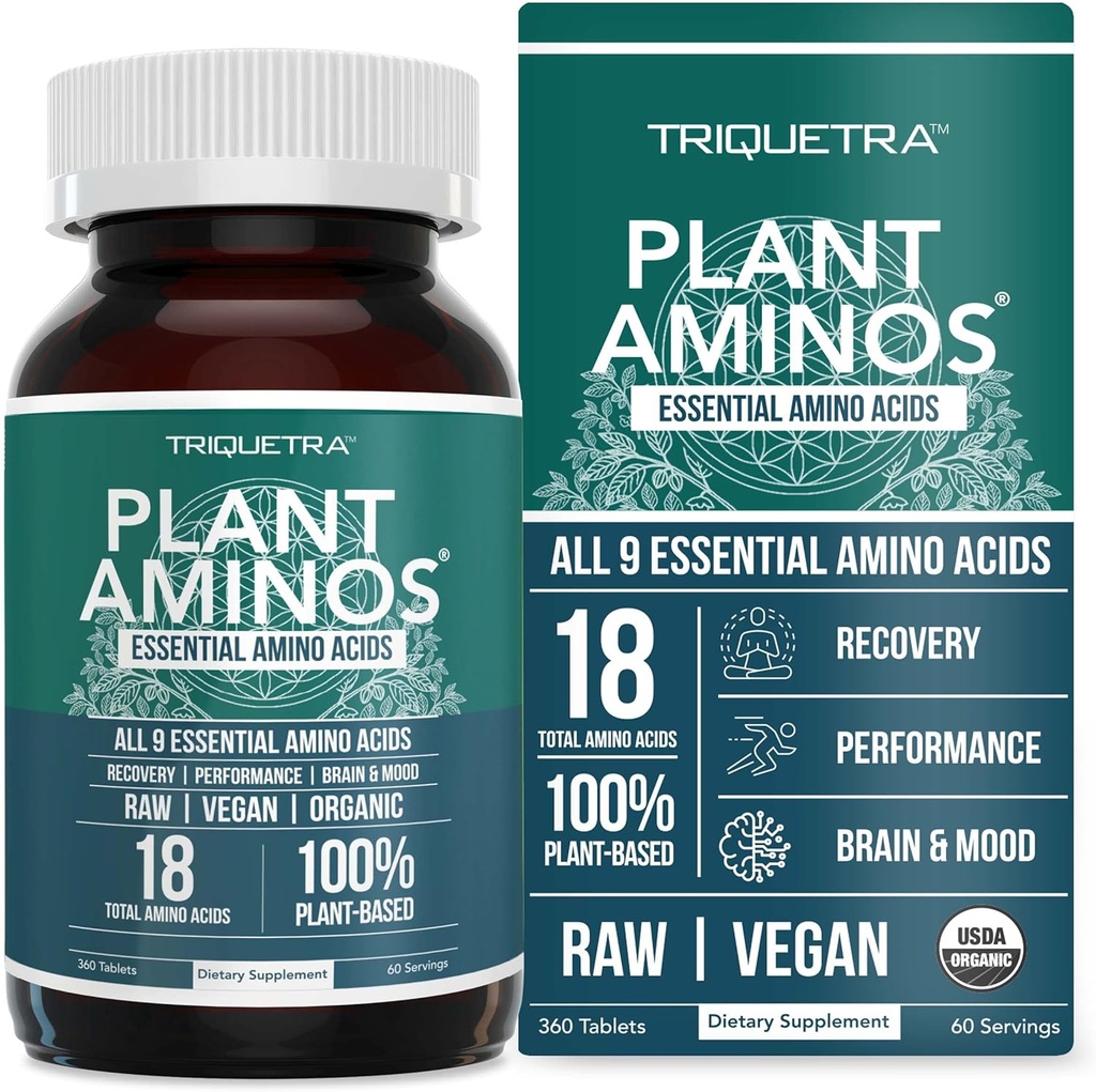 Aminos vegetales Aminoácidos orgánicos esenciales (EAAs) " BCAA - 100% crudo de base vegetal, vegano - Todos los 9 Aminoácidos con 18 Aminoácidos totales (360 Tabletas)