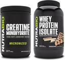 NutraBio Monohidrato de Creatina, Desflavorado, 500g y Whey Protein Isolate, mantequilla de maní de chocolate, Suplemento Bundle - energía muscular, crecimiento del músculo magro, recuperación y fuerza
