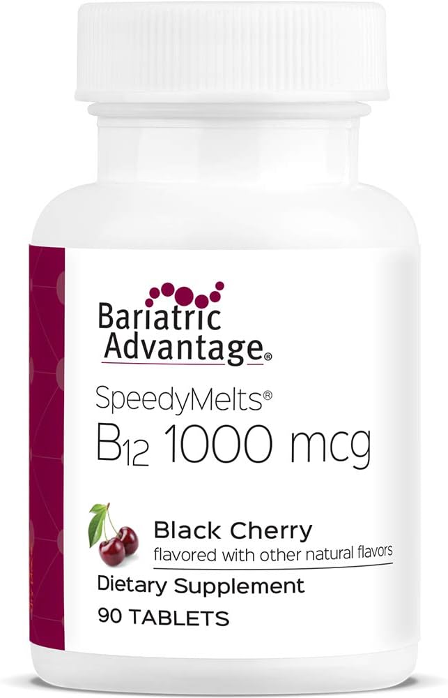 Bariatric Advantage B-12 Speedy Melts, Vitamina B12 1000 mcg Suplemento, Fast Melting con 200 mcg de ácido fólico para soporte nutricional - Cereza negra, 90 Cuenta