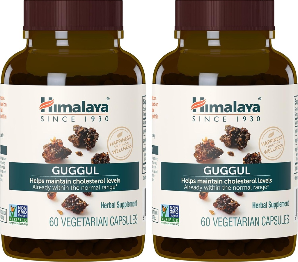 Himalaya Guggul, Suplemento Colesterol para LDL saludable, HDL y Triglicéridos, 750 mg, 60 cápsulas vegetarianas, 1 mes de suministro, 2 paquete