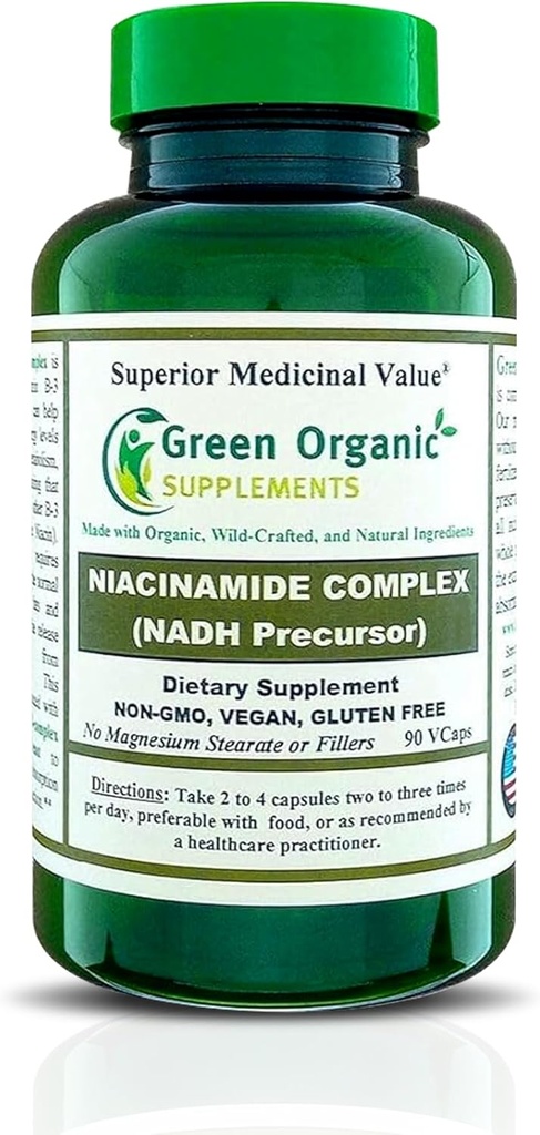 Green Organic Supplements Niacinamide, Niacin, NAD, NADH, High Absorbable, Non-GMO, Gluten-Free (Single)