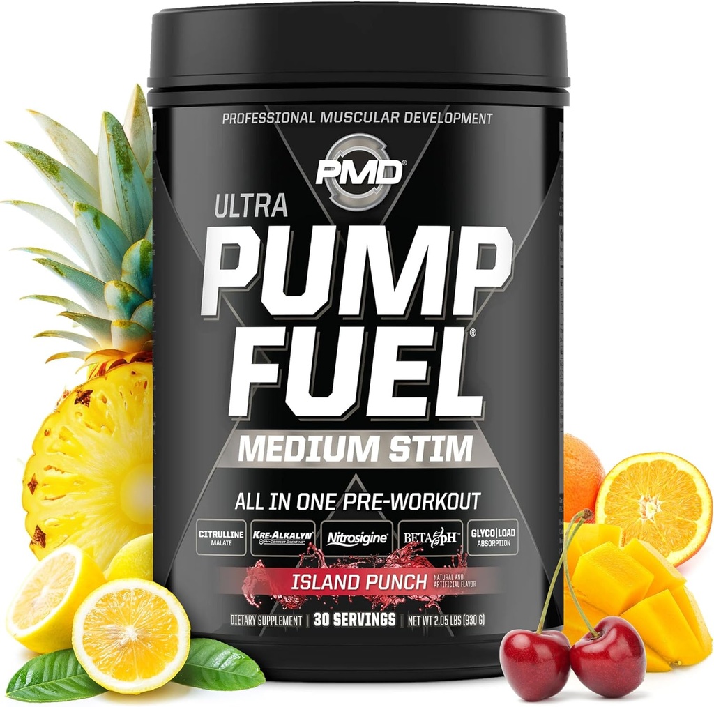 PMD Sports Pump Fuel Ultra Medium Stim - Premium Pre Workout Powder & Muscle Pump, Greater Focus, Endurance & Recovery, Premium Creatine, Arginine & Beta Alanine - Island Punch (30 Servings)