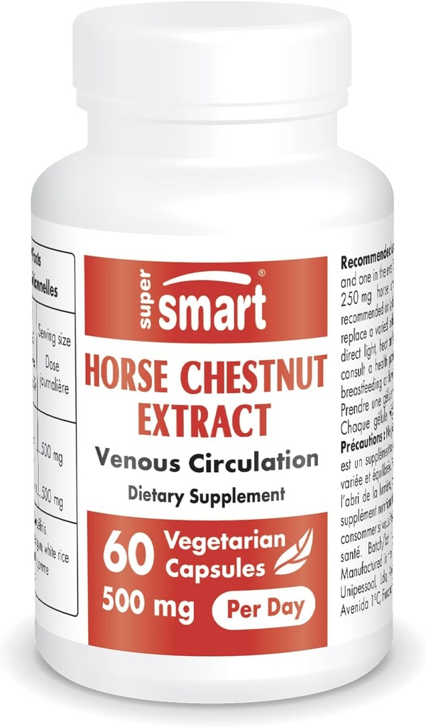 Supersmart - Horse Chestnut Extract 500mg per Day (High Strength) - 20% Aescin Supplement | Non-GMO & Gluten Free - 60 Vegetarian Capsules