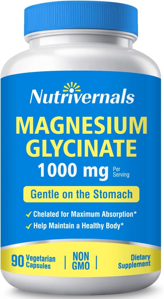 Magnesium Glycinate Nutrition Suplemento dietético 1000mg 100% Chelated for Maximum Absorption Non-GMO Gluten Free 90 Veggie Capsules