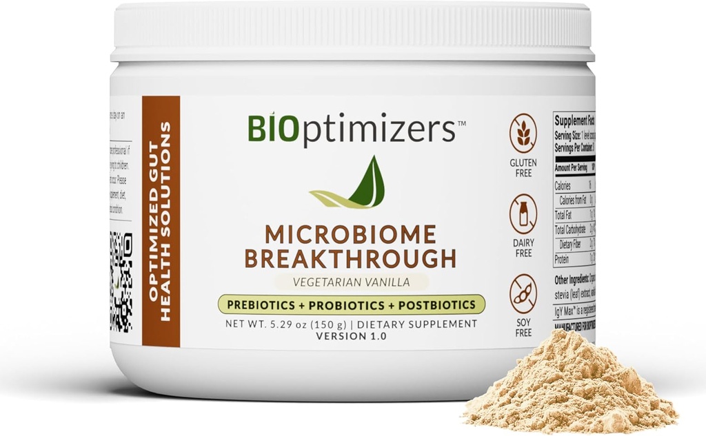 Microbiome BreakthroughTM Gut Support Powder – Vegetarian Vanilla – Con Probióticos, Prebióticos e IgY Max® – Fuente de L-Glutamina – Apoya Digestive Comfort, Gas &amp; Bloating Relief 30 Servings*