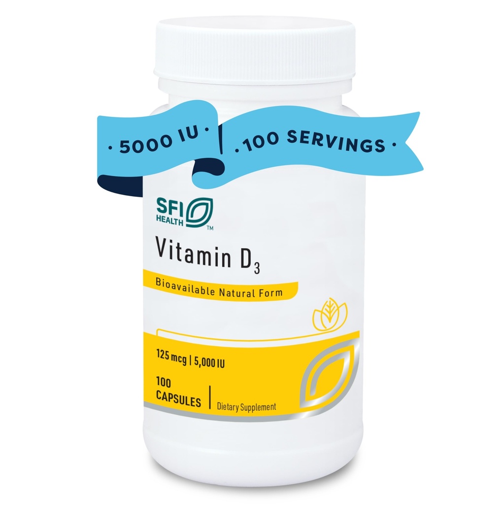 Klaire Labs SFI Health Vitamin D3 5000 IU - High Potency Vitamin D 125mcg - Immune Support - Helps Promote Bone & Heart Health - Hypoallergenic (100 cápsulas)