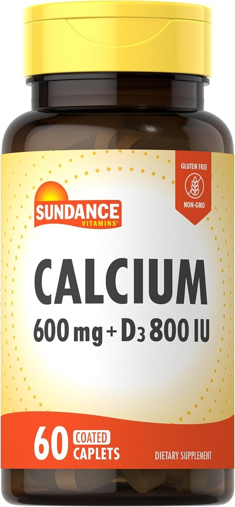 Sundance Calcium 600mg con D3 Silencio 60 Caplets Silencio Vegetariano, No GMO, y Gluten Suplemento Gratis