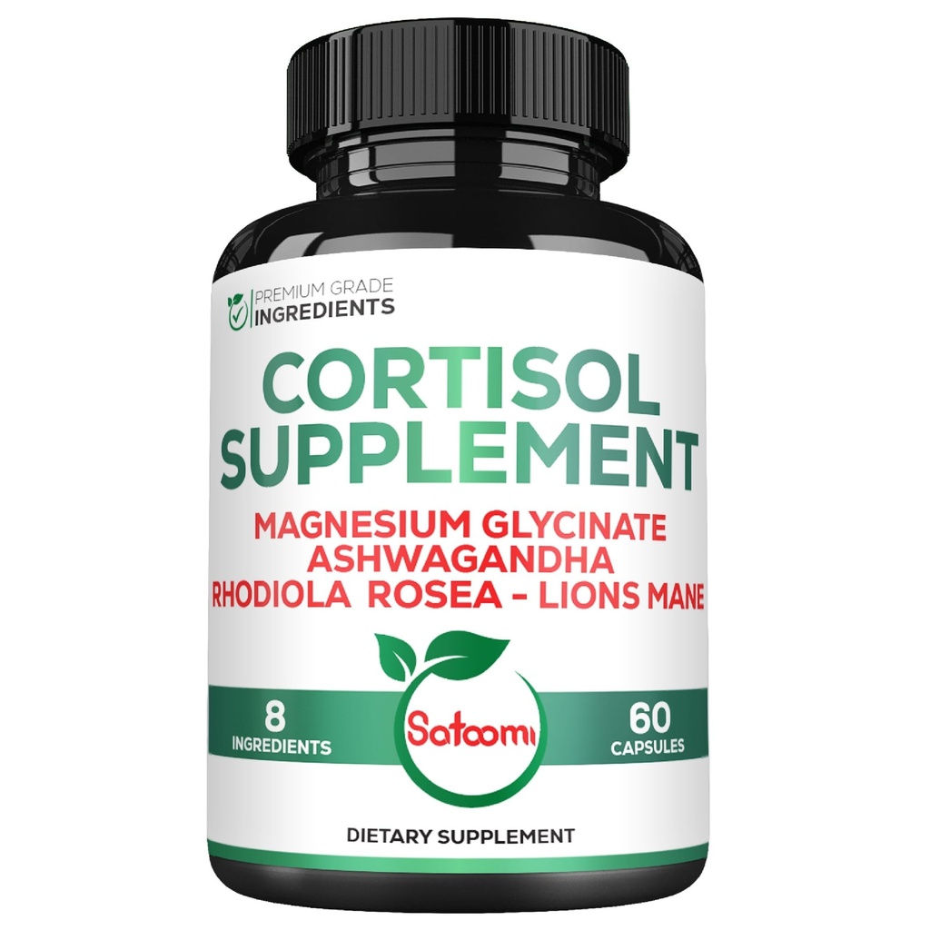 Satoomi 8in1 Cortisol Manager con Magnesium Glycinate, Ashwagandha, Rhodiola Rosea, Lions Mane &amp; Más - Cortisol Reductor Suplemento Hombres &amp; Mujeres - 60 cápsulas