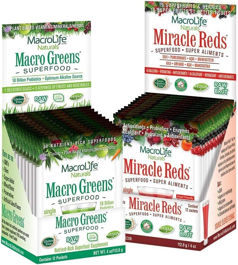 MacroLife Naturals Macro Greens &amp; Miracle Reds Immunity Bundle - Superfood Antioxidant - Herbal, Fruits & Berries Probiotic Immunity Non-GMO, Vegan, Gluten-Free, Dairy-Free - 24 Packet Servings