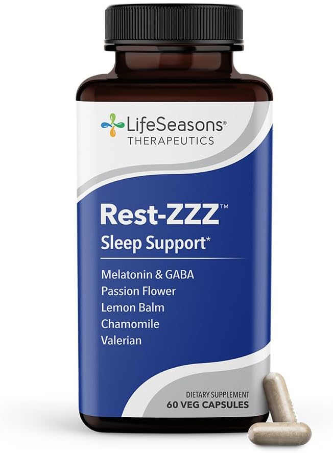 LifeSeasons Rest-ZZZ - Natural Sleep Support Supplement - Fall Asleep & Stay Asleep - Calms Nervous System - Ease Muscle Tension & Restlessness - Low Dose Melatonin GABA & Chamomile - 60 Capsules