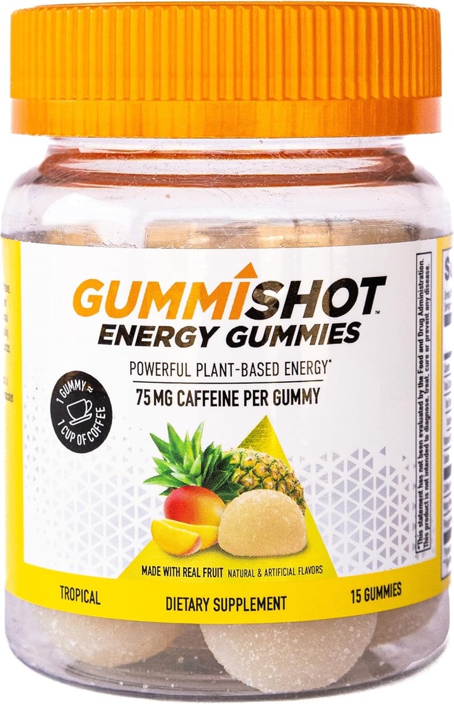 GummiShot Energy Gummies, 1125 mg de cerdas de cafeína de base vegetal por botella, botaduras de energía duradera, tropical (15ct)