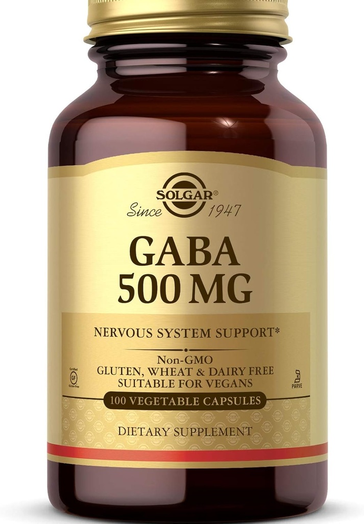 Solgar GABA 500 mg, 100 cápsulas vegetales - Relax " Nervous System Support - Amino Acid - Non-GMO, Vegan, Gluten Free, Dairy Free, Kosher - 100 Servings