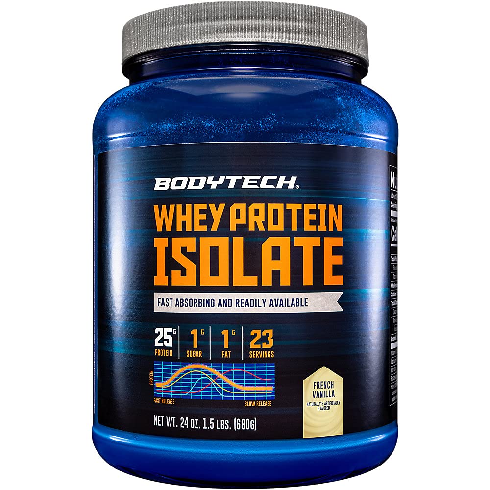 BODYTECH Whey Protein Isolate Powder - con 25 Grams de Protein por Serving &amp; BCAA's - Ideal para el edificio del músculo después del entrenamiento " Crecimiento, Contiene leche " Soy - Vainilla francesa (1,5 libras)
