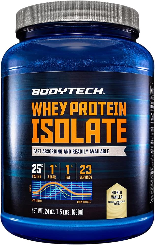 BODYTECH Whey Protein Isolate Powder - con 25 Grams de Protein por Serving &amp; BCAA's - Ideal para el edificio del músculo después del entrenamiento " Crecimiento, Contiene leche " Soy - Vainilla francesa (1,5 libras)