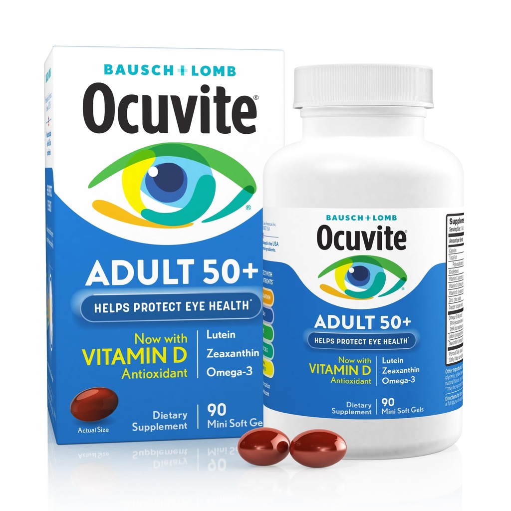 Ocuvite 50+ Vitamina Ocular &amp; Suplemento Mineral, Multivitamina para Visión & Salud Ocular con Omega-3, Zinc, Vitaminas C &amp; E, Lutein &amp; Zeaxanthin, Suplementos Zinc para Mujeres y Hombres, 90 Softgels