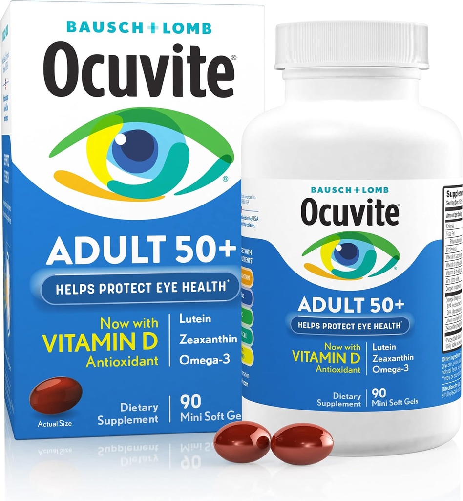 Ocuvite 50+ Vitamina Ocular &amp; Suplemento Mineral, Multivitamina para Visión & Salud Ocular con Omega-3, Zinc, Vitaminas C &amp; E, Lutein &amp; Zeaxanthin, Suplementos Zinc para Mujeres y Hombres, 90 Softgels