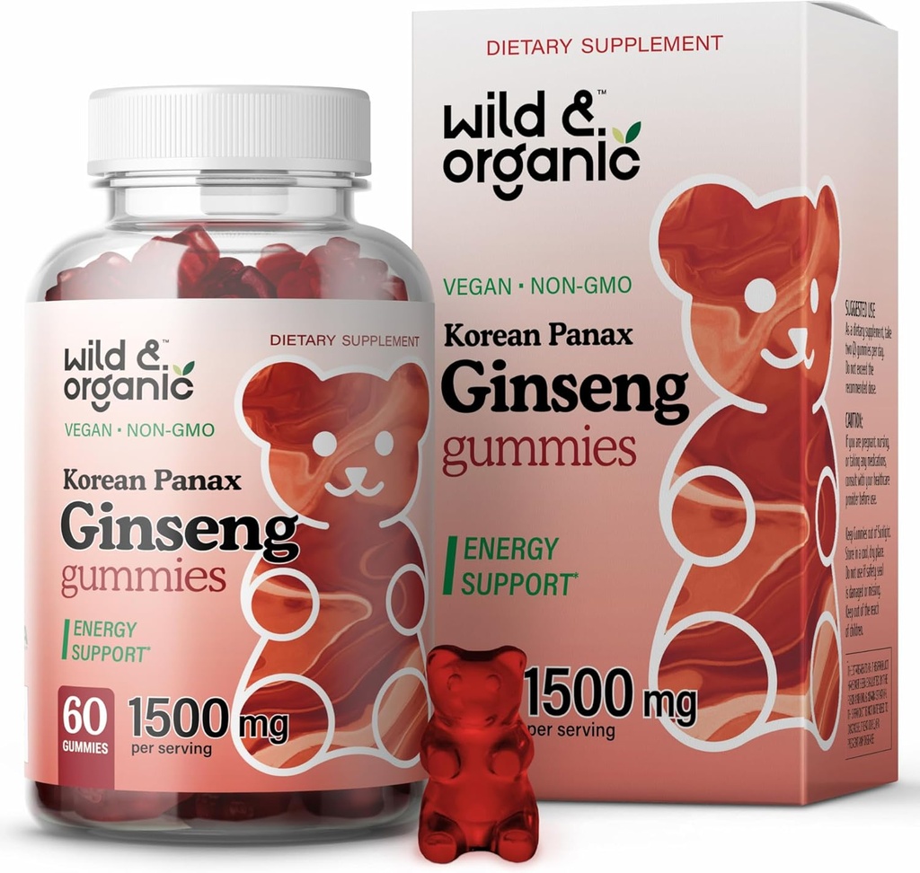 Wild &amp; Organic Panax Ginseng Gummies 1500 mg - Korean Red Ginseng Supplement - Vegan, Non-GMO Root Powder Based Chews - 60 Count