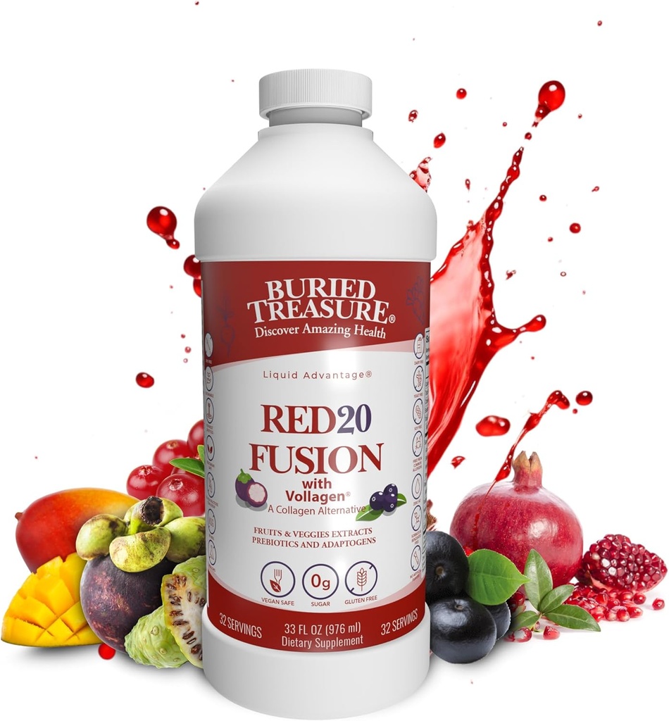 Tesoro Buried Red20 Fusion Superfood Blend – Acai, Beets, Blueberry, Fiber, Adaptogens, Lutein, Vegan Vollagen, Energía Natural, Digestión, Eye Health & Wellness Support, 32oz Liquid
