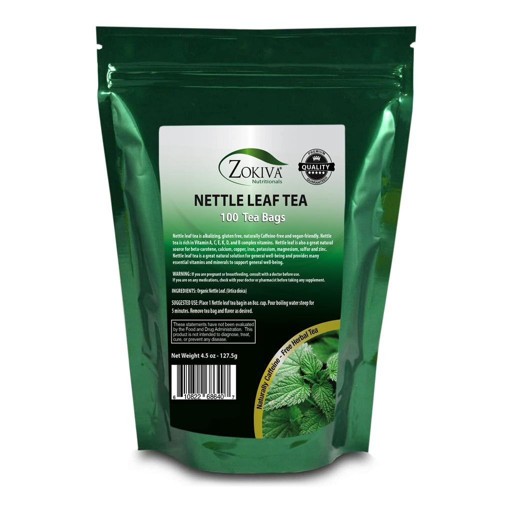 Zokiva Nutritionals - Nettle Leaf Tea Bags Mega Pack - 100 Premium Quality Convenient Organic Herbal Tea Bags - Caffeine-free y Vegan-friendly En un Resealable Stand Up Zip Lock Pouch