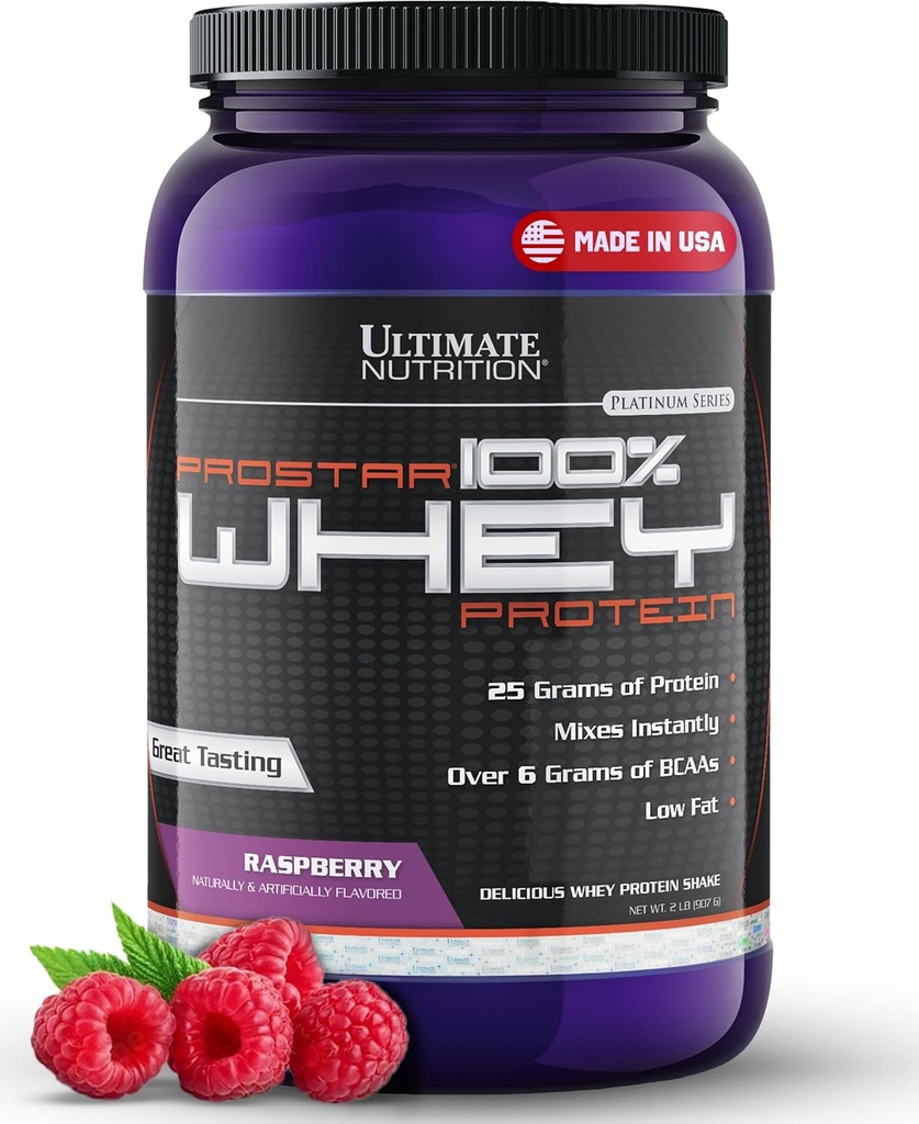 Ultimate Nutrition Prostar Whey Protein Powder Isolate, Raspberry - Low Carb, High Protein Powder Shake for Muscle Gain " Recovery - Low Sodium, Low-Fat & Keto Friendly - 2 lbs Tub