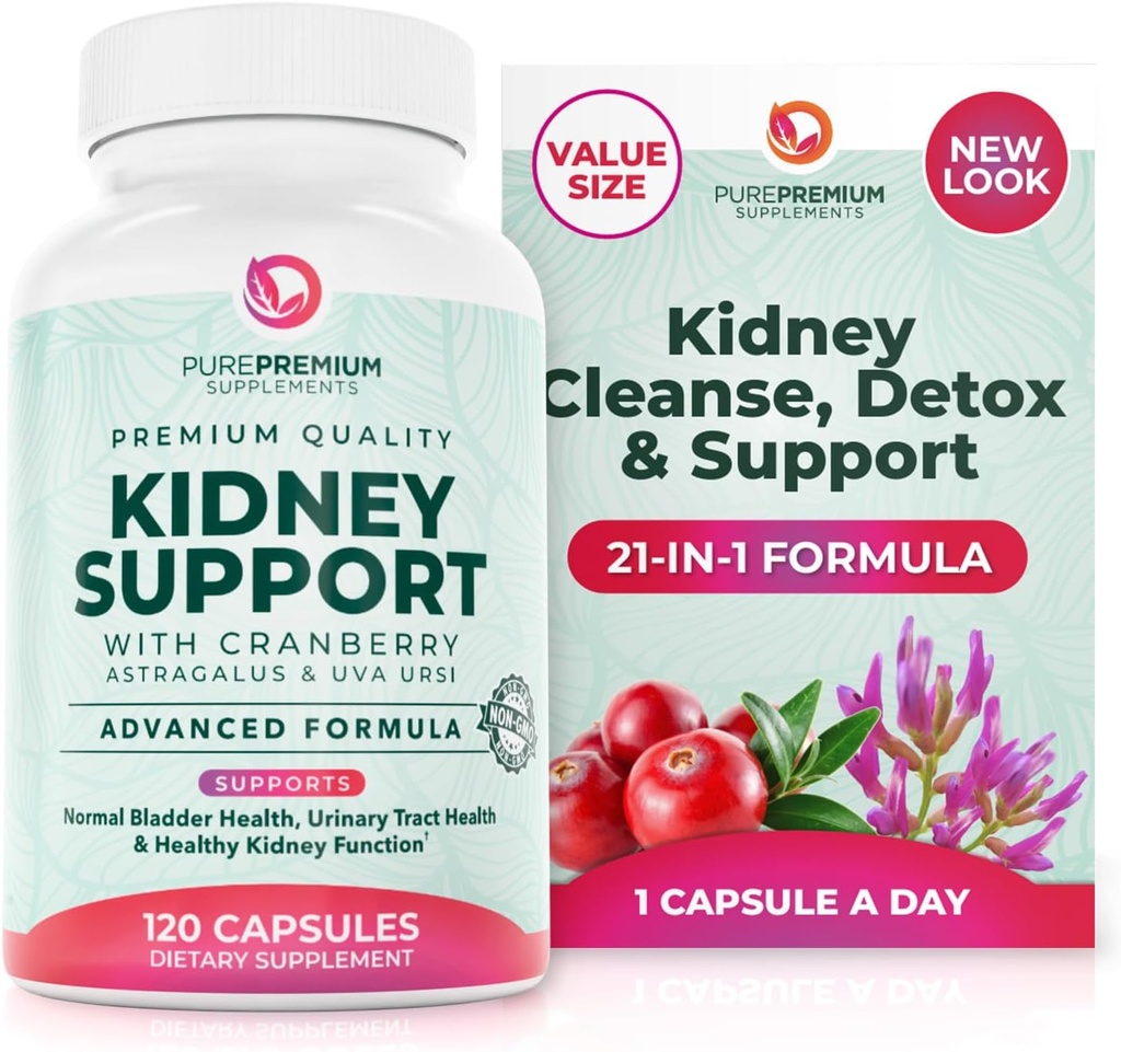 PurePremium Kidney Support Supplement – Kidney Cleanse Detox & Repair with Cranberry Extract & Astragalus - 21-in-1 Complex Supports Normal Bladder, Urinary Tract & Kidneys Health - 120 Day Supply