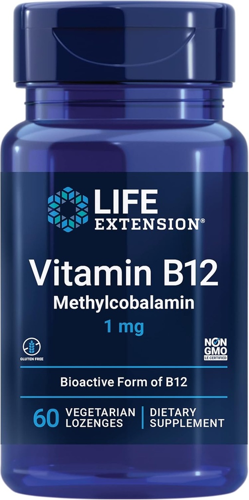 Vitamina B12 Metilcobalamina, Suplemento de Salud Nerve, Apoyo Cognitivo, Vitamina Energética, Metilcobalamina B12, 1 mg, Dessolamiento Rápido, Vegetariano, 60 lozenges