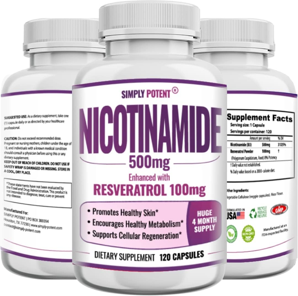 Nicotinamide 500mg con Resveratrol 100mg - 120 Veggie Capsules - Vitamina B3 Suplemento píldoras para apoyar NAD, Skin Cell Health & Energy