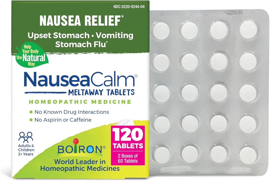 Boiron NauseaCalm Relief for Upset Stomach, Nausea y Vomiting Due to Stomach Flu, Overindulgence, or Motion Sickness - Non-Drowsy - 120 Count (2 Pack of 60)