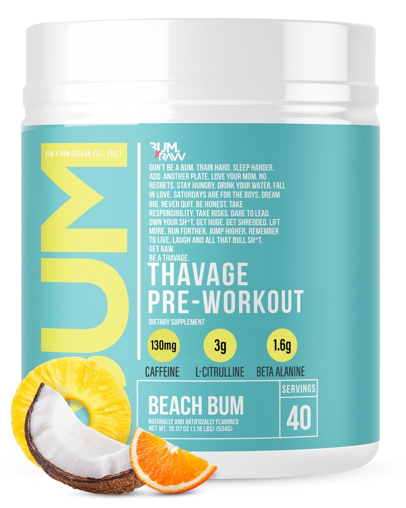RAW Pre Workout Powder, Thavage (Beach Bum) - Chris Bumstead Sports Nutrition Supplement for Men &amp; Women - Cbum Pre Workout for Working Out, Hydration, Mental Focus & Energy - 40 Servings