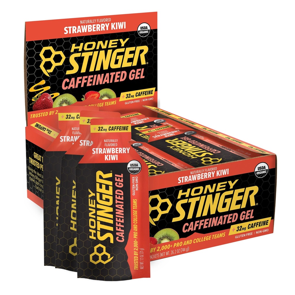 Honey Stinger Strawberry Kiwi Energy Gel, Caffeinated &amp; Gluten Free with Organic Honey, for Exercise, Running and Performance, Sports Nutrition for Home &amp; Gym, Pre and Mid Workout, 24 Pack