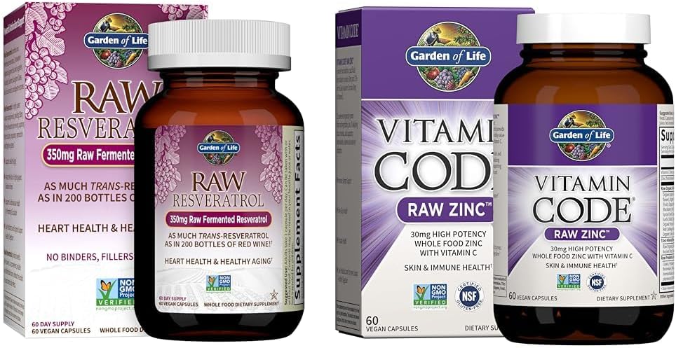Jardín de la Vida Resveratrol Suplemento & Zinc Suplementos 30 mg de alta potencia Zinc crudo y vitamina C Suplemento multimineral