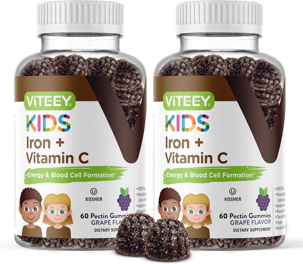 Hierro VITEEY para niños con vitamina C - Soporta Energía, Formulación de células sanguíneas, Anemia de constructor de sangre Niños Suplementos de hierro - Vegan, Gelatin Gratis, Gluten Gratis - Tasty Chewable Grape Flavored Gummy