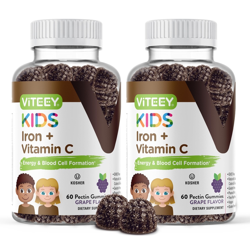 Hierro VITEEY para niños con vitamina C - Soporta Energía, Formulación de células sanguíneas, Anemia de constructor de sangre Niños Suplementos de hierro - Vegan, Gelatin Gratis, Gluten Gratis - Tasty Chewable Grape Flavored Gummy