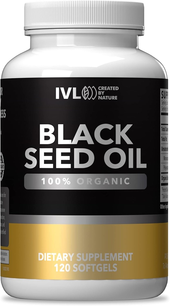 IVL - Aceite de semillas negras orgánicas - 120 cápsulas de Softgel - (1000 mg por ser) - Aceite de semilla de Nigella Sativa prensado puro - Omega 3 6 9, Antioxidantes, Thymoquinone - Aceite líquido de semilla negra
