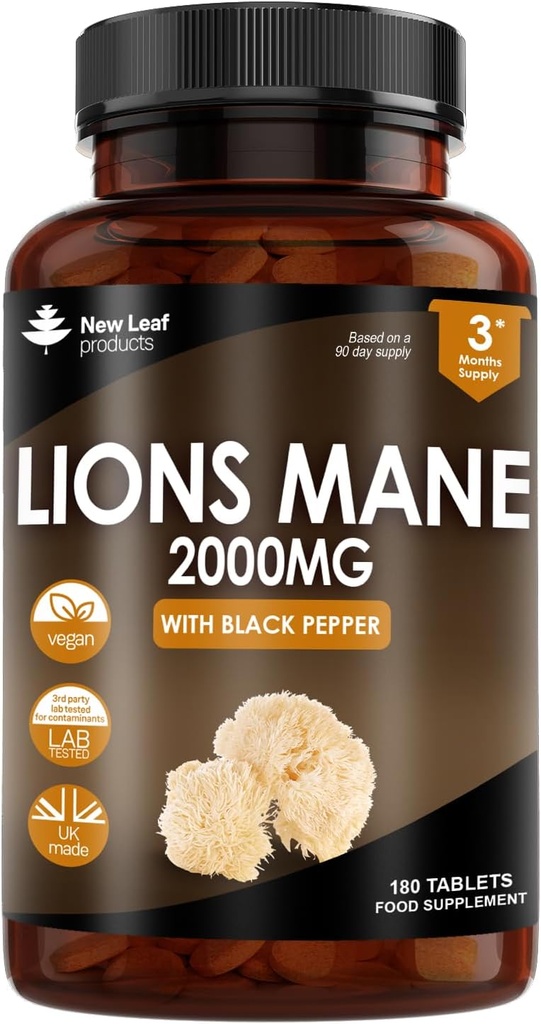 Nuevo Leaf Productos Lions Mane Mushroom Extract Suplemento 2000mg - 180 High Strength Vegan Tablets with Black Pepper - (No Powder o Capsules) Made in The UK