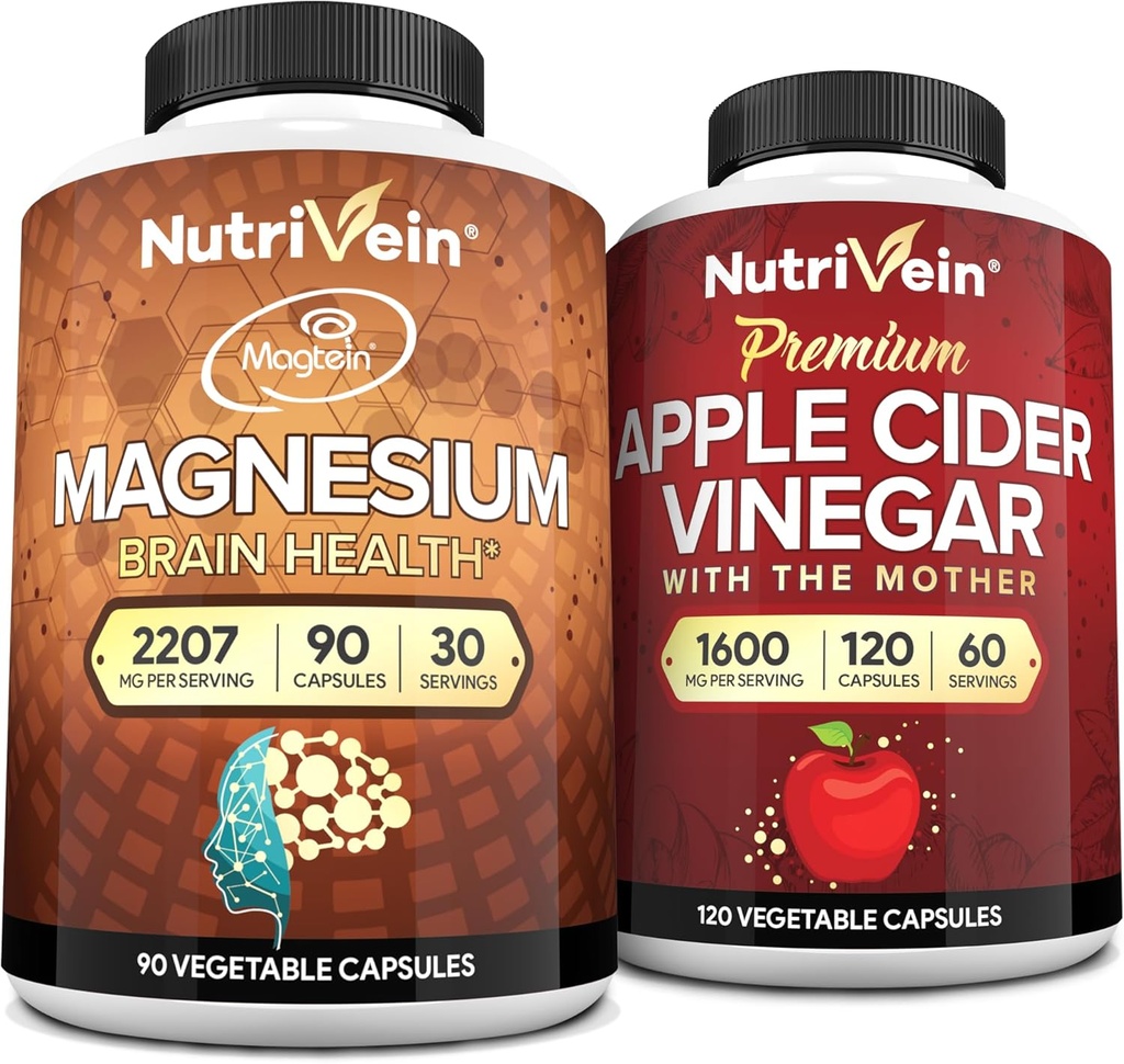 Nutrivein Premium Apple Cider Vinegar Capsules &amp; Magnesium L-Threonate Bundle: High-Absorption Magnesium Threonate Suplemento y Apple Cider Vinegar Suplementos para Cerebro, Gut, &amp; Well-Being