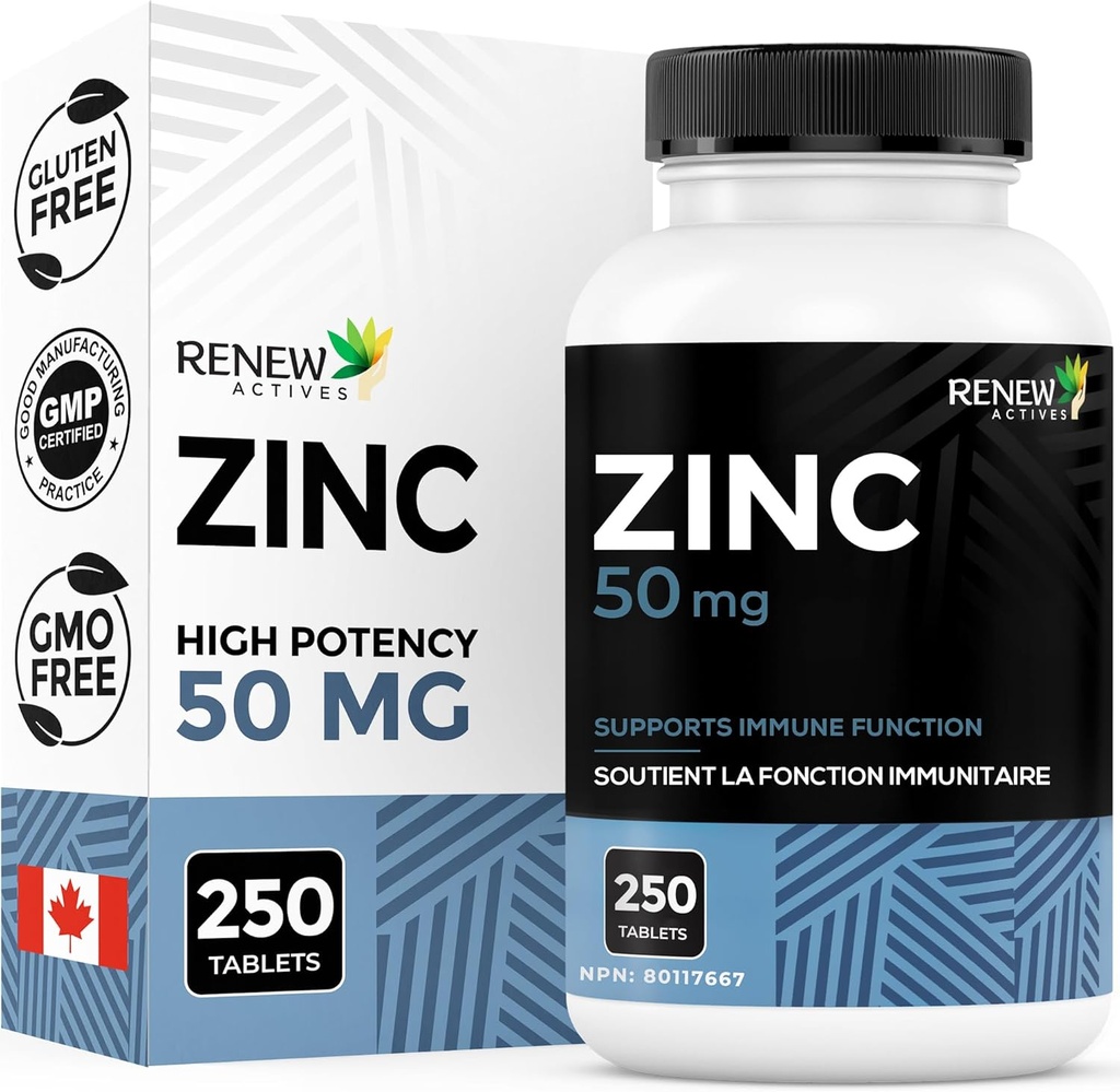 Renew Actives Zinc Supplements 50MG per Serving - Essential for Immune Health, Strong Bones &amp; Promoting Healthy Hair, Nails & Glowing Skin for Daily Use - Made in Canada - 250 Tablets