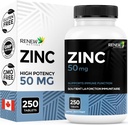 Renew Actives Zinc Supplements 50MG per Serving - Essential for Immune Health, Strong Bones &amp; Promoting Healthy Hair, Nails & Glowing Skin for Daily Use - Made in Canada - 250 Tablets
