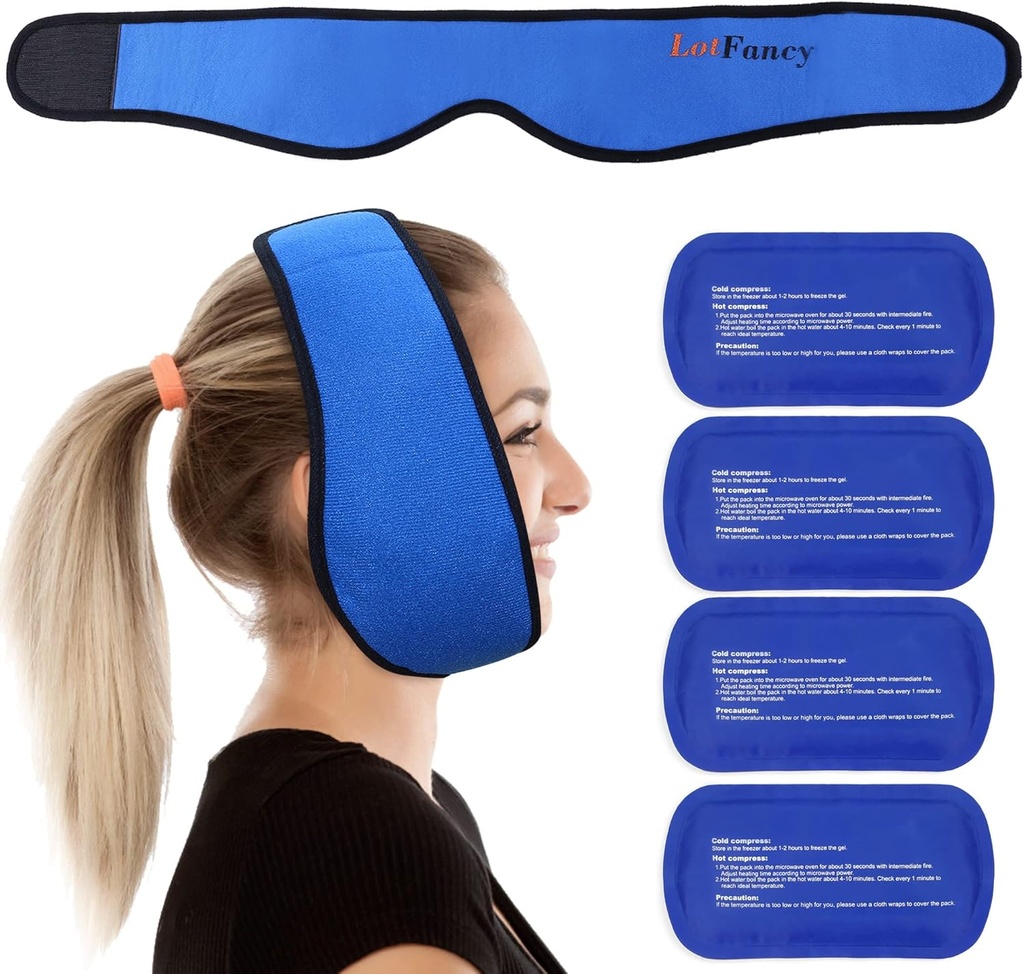 LotFancy Face Ice Pack Wrap for TMJ, Wisdom Teeth, with 4 Reusable Hot Cold Therapy Gel Packs, Doin Relief for Head, Oral and Facial Surgery, Dental Implants, Blue