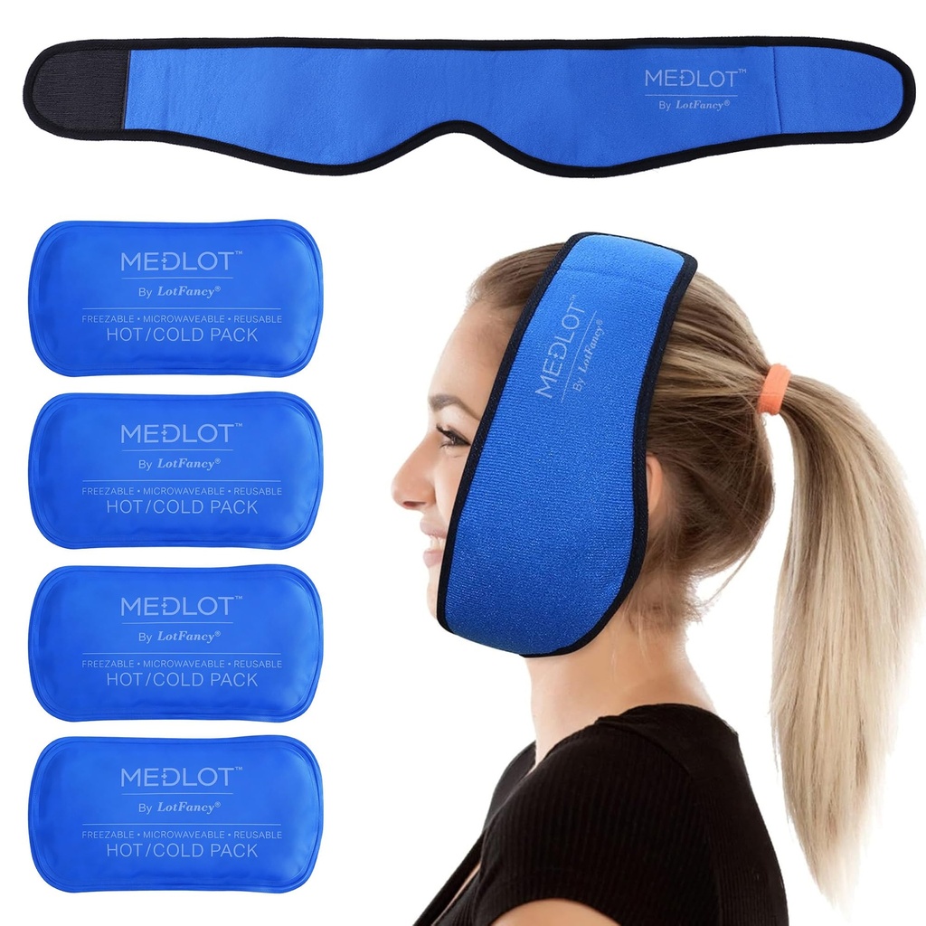 LotFancy Face Ice Pack Wrap for TMJ, Wisdom Teeth, with 4 Reusable Hot Cold Therapy Gel Packs, Doin Relief for Head, Oral and Facial Surgery, Dental Implants, Blue